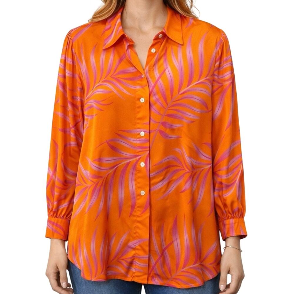 BULULU Sz XL Orange Pink Resort Wear Tropical Beach Blouse Shirt Top Floral